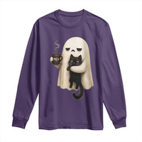 Meh Boojee Sleepy Ghost Holding Black Cat Drinking Coffee Long Sleeve Shirt Spooky Halloween Cute Autumn Morning Mood Graphic