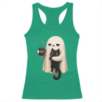 Meh Boojee Sleepy Ghost Holding Black Cat Drinking Coffee Racerback Tank Top Spooky Halloween Cute Autumn Morning Mood Graphic