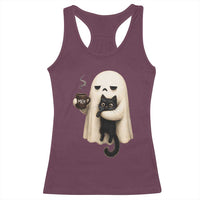 Meh Boojee Sleepy Ghost Holding Black Cat Drinking Coffee Racerback Tank Top Spooky Halloween Cute Autumn Morning Mood Graphic