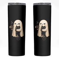 Meh Boojee Sleepy Ghost Holding Black Cat Drinking Coffee Skinny Tumbler Spooky Halloween Cute Autumn Morning Mood Graphic
