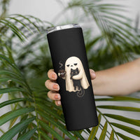 Meh Boojee Sleepy Ghost Holding Black Cat Drinking Coffee Skinny Tumbler Spooky Halloween Cute Autumn Morning Mood Graphic