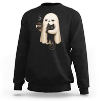 Meh Boojee Sleepy Ghost Holding Black Cat Drinking Coffee Sweatshirt Spooky Halloween Cute Autumn Morning Mood Graphic