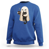 Meh Boojee Sleepy Ghost Holding Black Cat Drinking Coffee Sweatshirt Spooky Halloween Cute Autumn Morning Mood Graphic