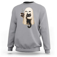 Meh Boojee Sleepy Ghost Holding Black Cat Drinking Coffee Sweatshirt Spooky Halloween Cute Autumn Morning Mood Graphic