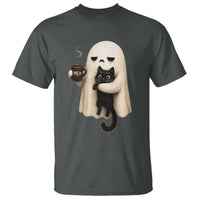 Meh Boojee Sleepy Ghost Holding Black Cat Drinking Coffee T Shirt Spooky Halloween Cute Autumn Morning Mood Graphic