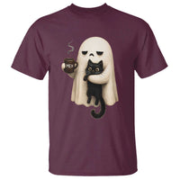 Meh Boojee Sleepy Ghost Holding Black Cat Drinking Coffee T Shirt Spooky Halloween Cute Autumn Morning Mood Graphic