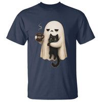 Meh Boojee Sleepy Ghost Holding Black Cat Drinking Coffee T Shirt Spooky Halloween Cute Autumn Morning Mood Graphic