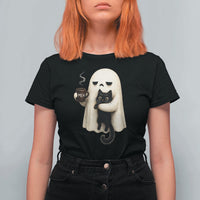 Meh Boojee Sleepy Ghost Holding Black Cat Drinking Coffee T Shirt For Women Spooky Halloween Cute Autumn Morning Mood Graphic