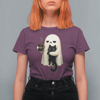 Meh Boojee Sleepy Ghost Holding Black Cat Drinking Coffee T Shirt For Women Spooky Halloween Cute Autumn Morning Mood Graphic