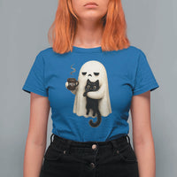 Meh Boojee Sleepy Ghost Holding Black Cat Drinking Coffee T Shirt For Women Spooky Halloween Cute Autumn Morning Mood Graphic