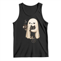 Meh Boojee Sleepy Ghost Holding Black Cat Drinking Coffee Tank Top Spooky Halloween Cute Autumn Morning Mood Graphic