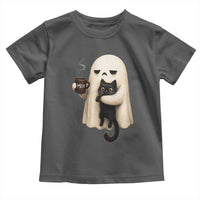 Meh Boojee Sleepy Ghost Holding Black Cat Drinking Coffee Toddler T Shirt Spooky Halloween Cute Autumn Morning Mood Graphic
