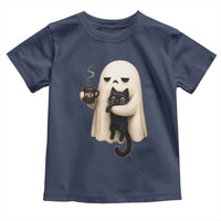 Meh Boojee Sleepy Ghost Holding Black Cat Drinking Coffee Toddler T Shirt Spooky Halloween Cute Autumn Morning Mood Graphic