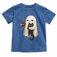 Meh Boojee Sleepy Ghost Holding Black Cat Drinking Coffee Toddler T Shirt Spooky Halloween Cute Autumn Morning Mood Graphic