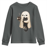 Meh Boojee Sleepy Ghost Holding Black Cat Drinking Coffee Youth Sweatshirt Spooky Halloween Cute Autumn Morning Mood Graphic