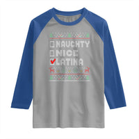 Latin American Christmas Raglan Shirt Naughty Nice Latina Funny Xmas List Hispanic Ugly Sweater