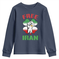 Free Iran Raised Fist and Persian Flag Clover Youth Sweatshirt Lion and Sun Freedom Fighter Iranian Revolution