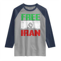 Free Iran Freedom Protest Raglan Shirt Iranian Flag Raised Fist and Crowd Revolution