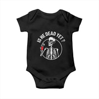 Is He Dead Yet Subtle FDT Baby Onesie Funny Skeleton Drinking Coffee