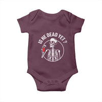 Is He Dead Yet Subtle FDT Baby Onesie Funny Skeleton Drinking Coffee