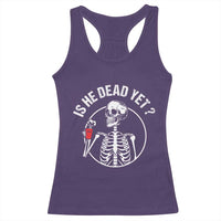 Is He Dead Yet Subtle FDT Racerback Tank Top Funny Skeleton Drinking Coffee