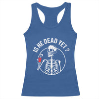 Is He Dead Yet Subtle FDT Racerback Tank Top Funny Skeleton Drinking Coffee