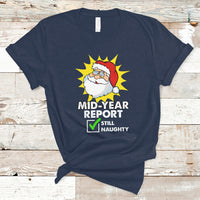 Navy Christmas-themed graphic t-shirt with Santa “Mid-Year Report” text and checkmark