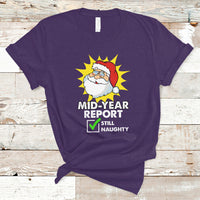 Purple Christmas-themed graphic t-shirt with Santa “Mid-Year Report” text and checkmark