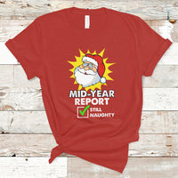 Red Christmas-themed graphic t-shirt with Santa “Mid-Year Report” text and checkmark