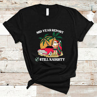 Men's black graphic T-shirt, 'Mid Year Report' 'Still Naughty' Santa beach print