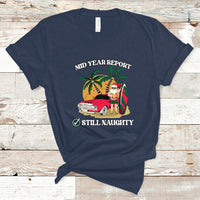 Men's navy graphic T-shirt, 'Mid Year Report' 'Still Naughty' Santa beach print