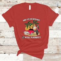 Men's red graphic T-shirt, 'Mid Year Report' 'Still Naughty' Santa beach print