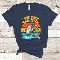 Navy crewneck graphic T-shirt with Santa in tropical beach scene print