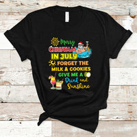 Black crew-neck T-shirt with colorful Christmas in July graphic and Santa