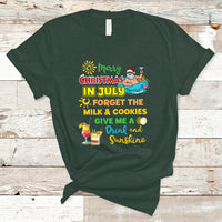Dark forest green crew-neck T-shirt with colorful Christmas in July graphic and Santa
