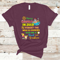 Maroon crew-neck T-shirt with colorful Christmas in July graphic and Santa