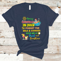 Navy crew-neck T-shirt with colorful Christmas in July graphic and Santa