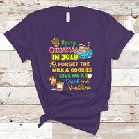 Purple crew-neck T-shirt with colorful Christmas in July graphic and Santa