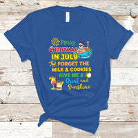 Royal blue crew-neck T-shirt with colorful Christmas in July graphic and Santa