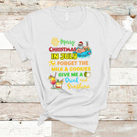 White crew-neck T-shirt with colorful Christmas in July graphic and Santa