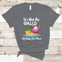 Charcoal gray novelty Christmas in July T-shirt with cartoon Santa, palm trees, and text graphic
