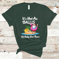 Dark forest green novelty Christmas in July T-shirt with cartoon Santa, palm trees, and text