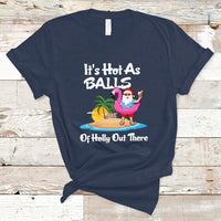 Navy novelty Christmas in July T-shirt with cartoon Santa, palm trees, and text graphic