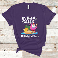 Purple novelty Christmas in July T-shirt with cartoon Santa, palm trees, and text graphic