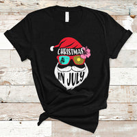 Black short-sleeve T-shirt with Christmas in July Santa face graphic