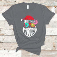 Charcoal short-sleeve T-shirt with Christmas in July Santa face graphic