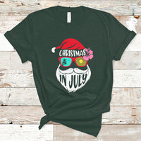 Dark forest green short-sleeve T-shirt with Christmas in July Santa face graphic