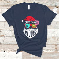 Navy short-sleeve T-shirt with Christmas in July Santa face graphic