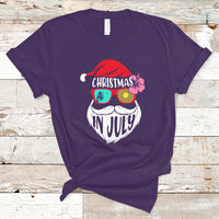 Purple short-sleeve T-shirt with Christmas in July Santa face graphic