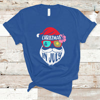Royal blue short-sleeve T-shirt with Christmas in July Santa face graphic